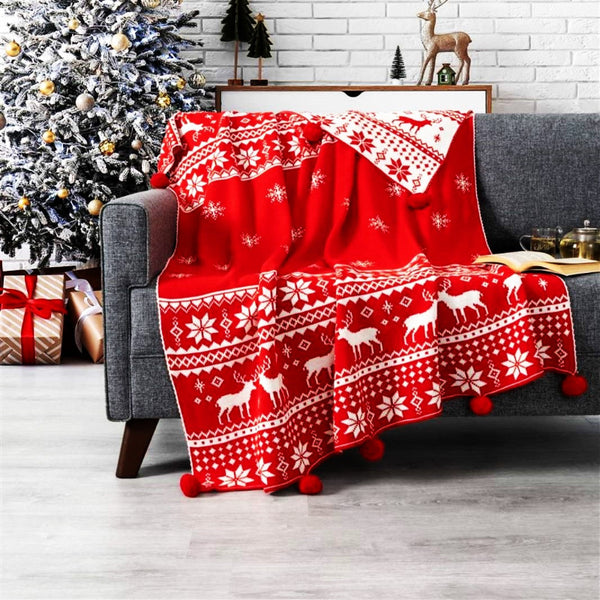 Пухкаво коледно одеяло с помпони в двоен размер , код KL-60